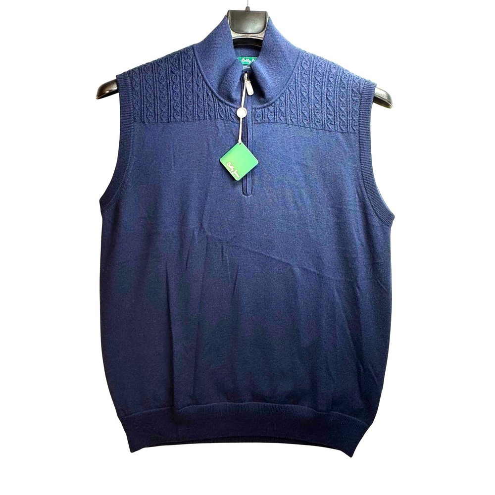 Bobby Jones Mens Merino Wool Quarter Zip Sweater Vest Navy Cable Knit Preppy M